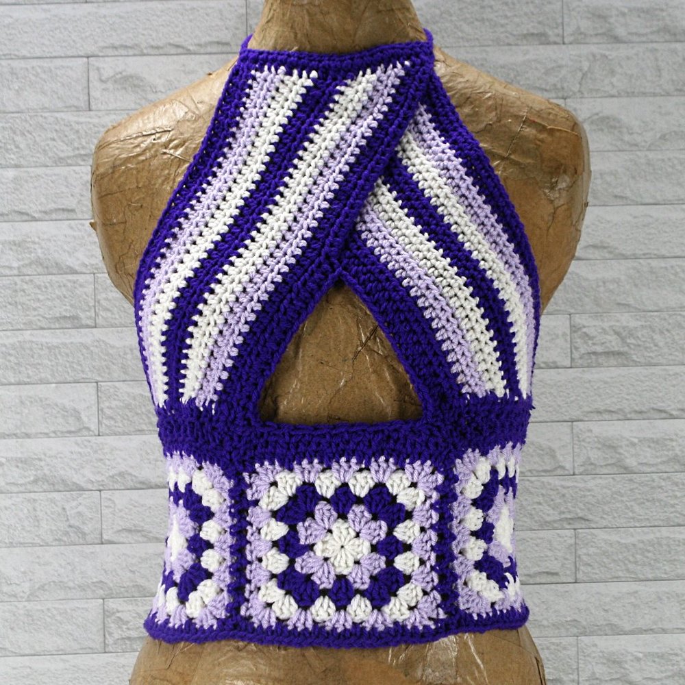 HAND CRAFTED Crop Top Halter Crochet Criss Cross Cut Out Granny Square Stripe